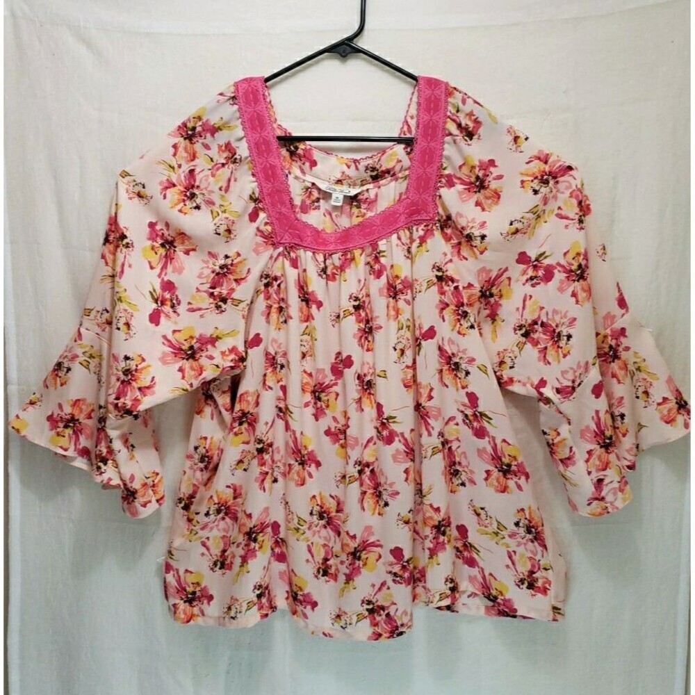 The Pioneer Woman Size 3X Floral Square Neck Blouse Pink Lace Trim Bell Sleeve